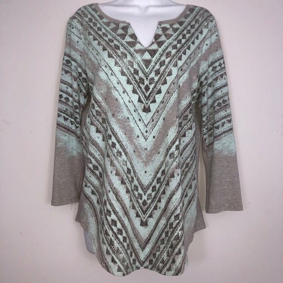 Lucky Brand Tunic Top Womens L Blue Gray Aztec Boho Bohemian India Long Sleeve - Picture 1 of 8